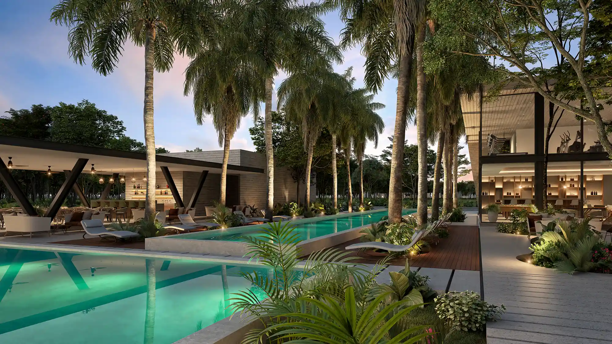 Albercas y casa club de MAHAL Residencial Contemporánea en Conkal